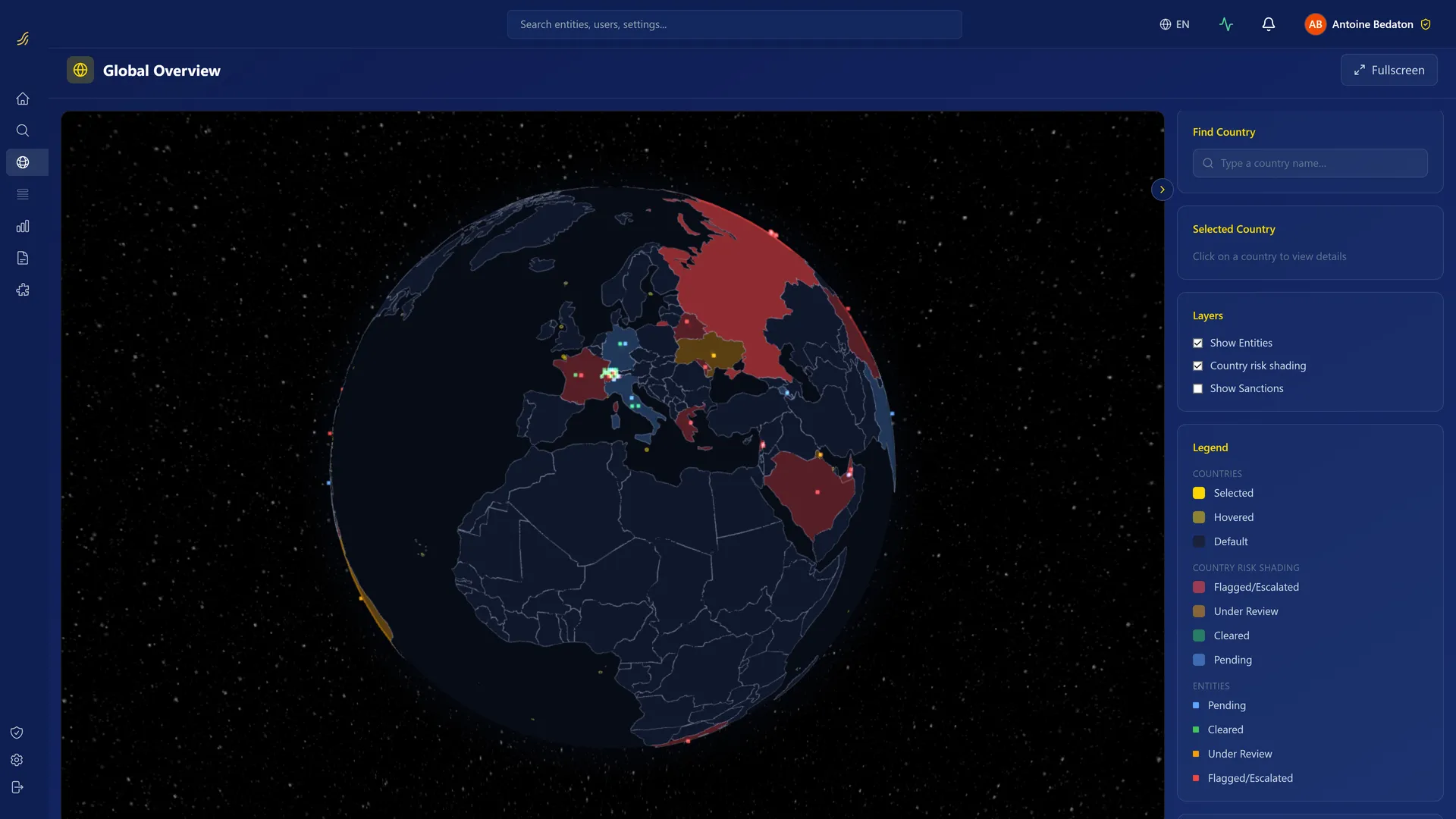 NNSFlow global overview: a 3D risk globe shading countries by risk with entity and sanctions layers.